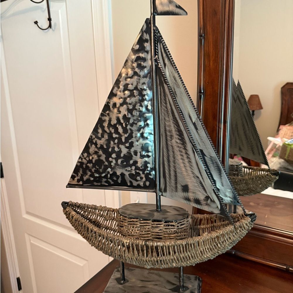 Extra large Decorative Sailboat Metal and Rattan Basket Sculpture Collectible - Picture 10 of 14